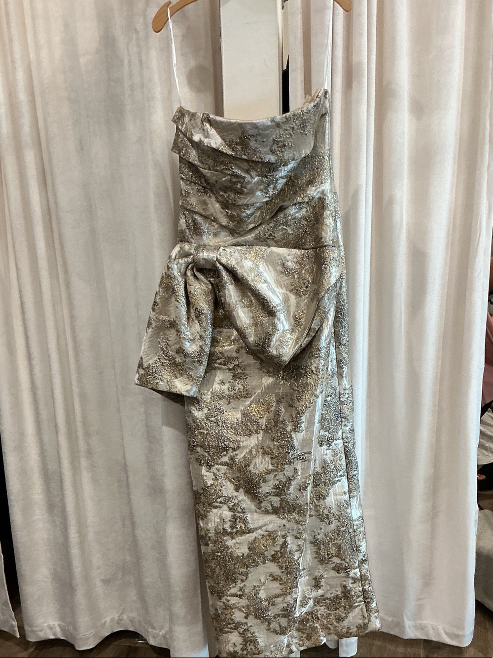 Christina Wu Gold and Cream Brocade Strapless Gown with Side Bow